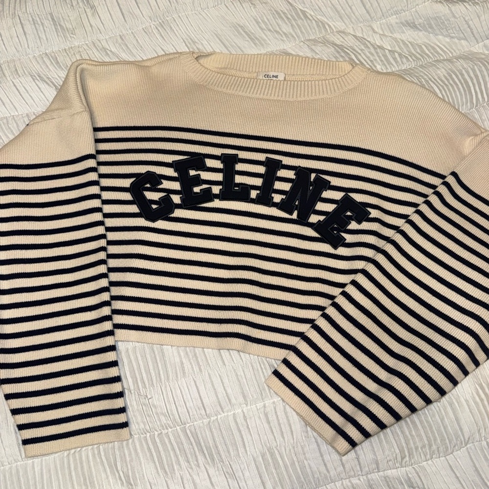 Celine Logo Striped Cropped Sweater